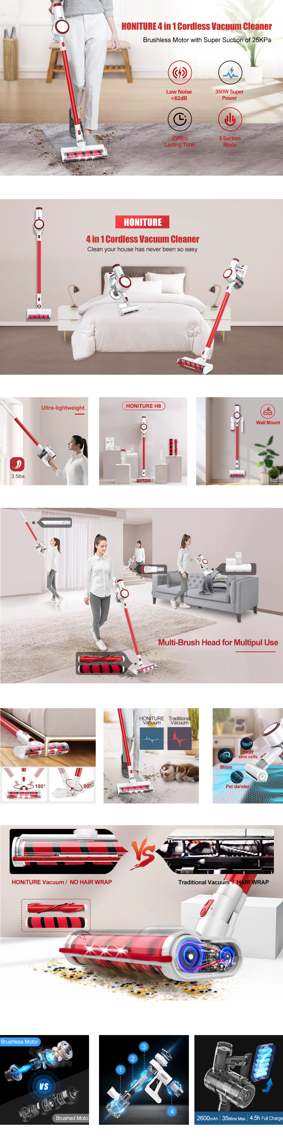  HONITURE Cordless Vacuum Cleaner, 380W 30Kpa Powerful Cordless  Stick Vacuum, 4 in 1 Lightweight Handheld Vacuum with 180 Foldable Tube  2500mAh*7 Battery for Home Hard Floor/Carpet/Bed/Pet Hair